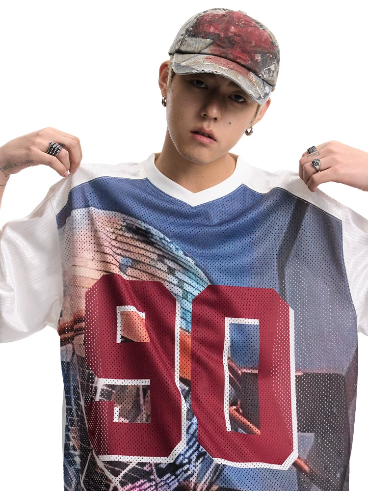 CoosRetro Vintage Street Print V-Neck Jersey Tee