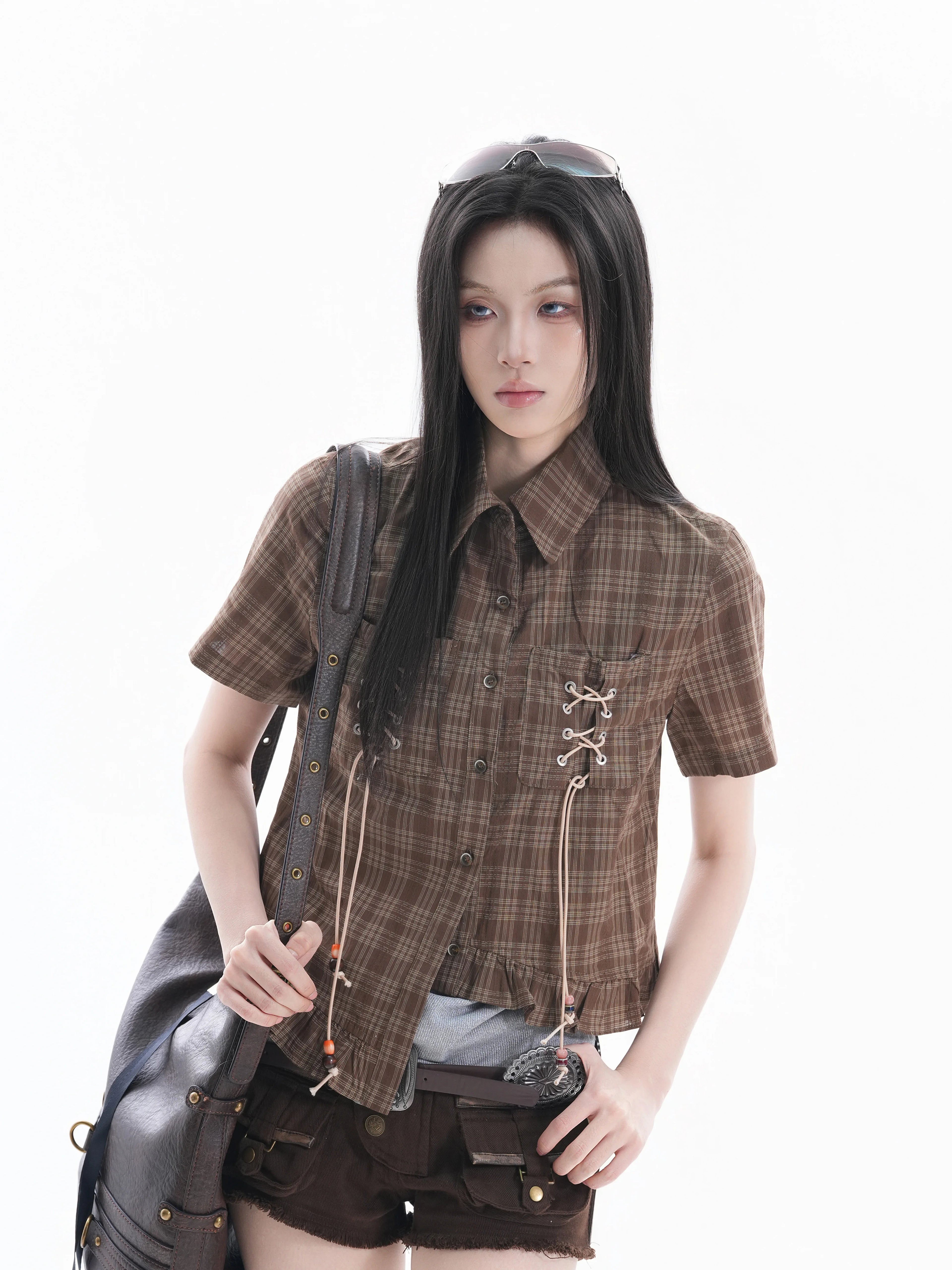 Zuocisankon Vintage Strap-Up Short Shirt