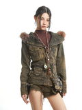UNCMHISEX Vintage Fur Collar Tooling Denim Jacket