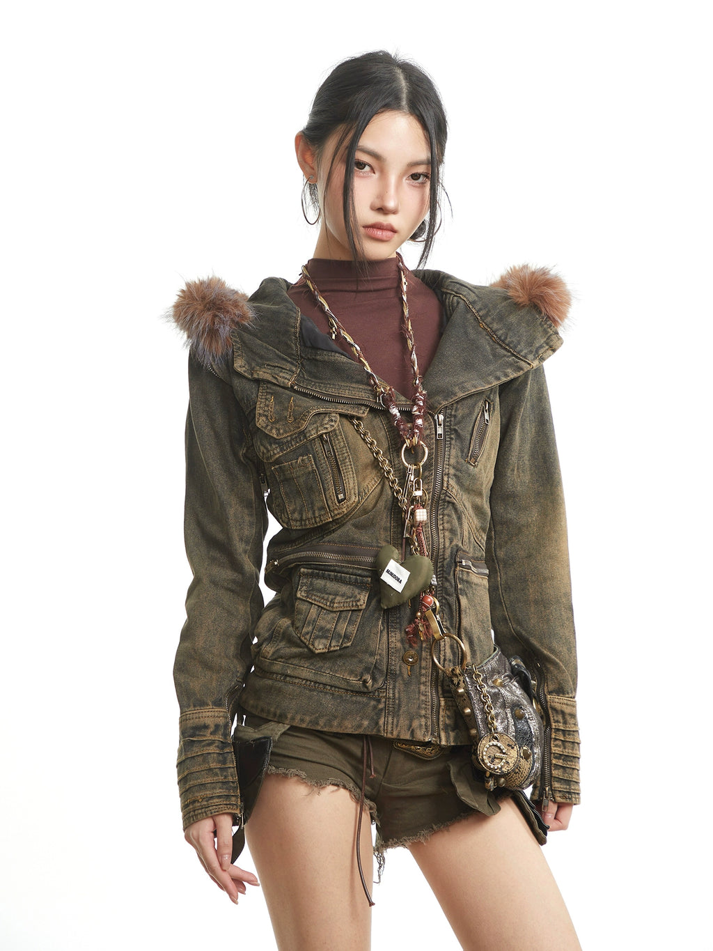 UNCMHISEX Vintage Fur Collar Tooling Denim Jacket