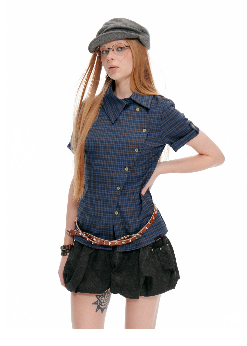 JIKOO Contrasting Checked Waist Shirt