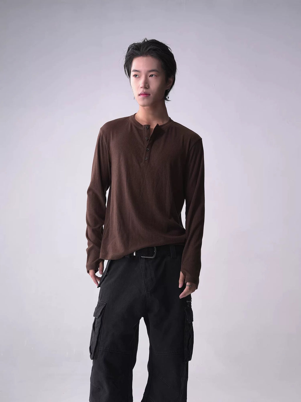 SOUTHFISH Casual Henry Neck Stretch Long Sleeve