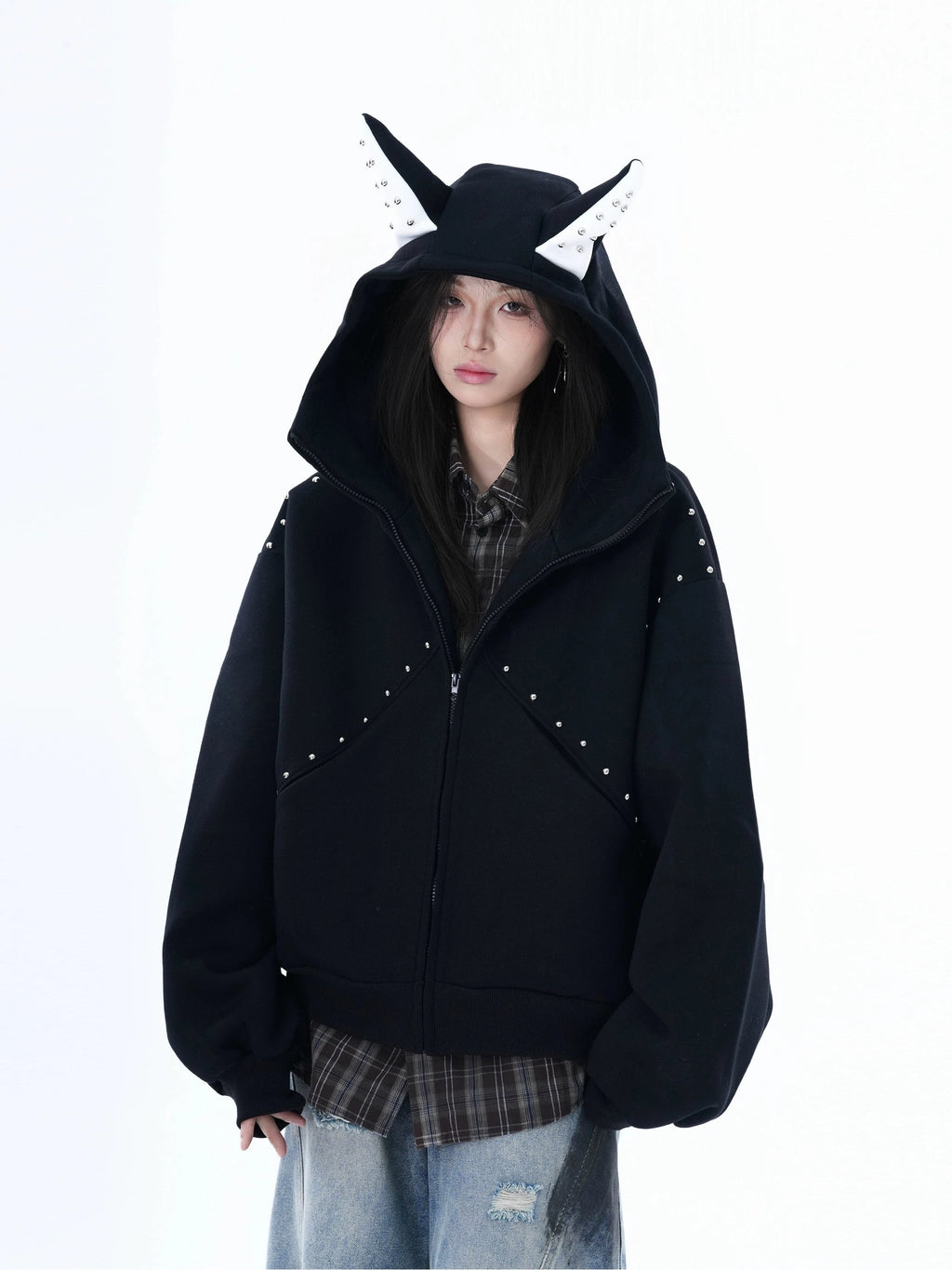 Zuocisankon Dog Ears Rivet Zip Cardigan Sweater