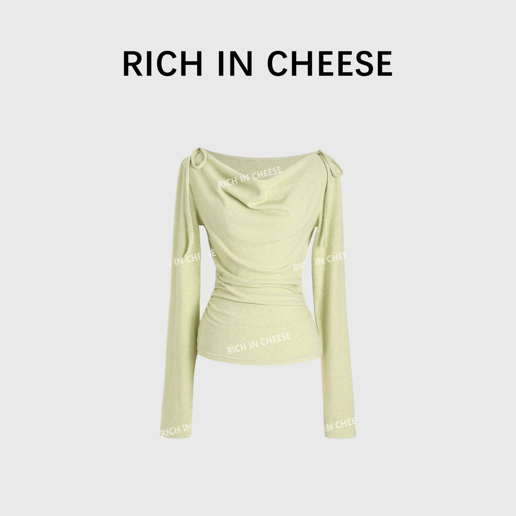 RICH IN CHEESE Swing Neck Knitted Waist Long Sleeve