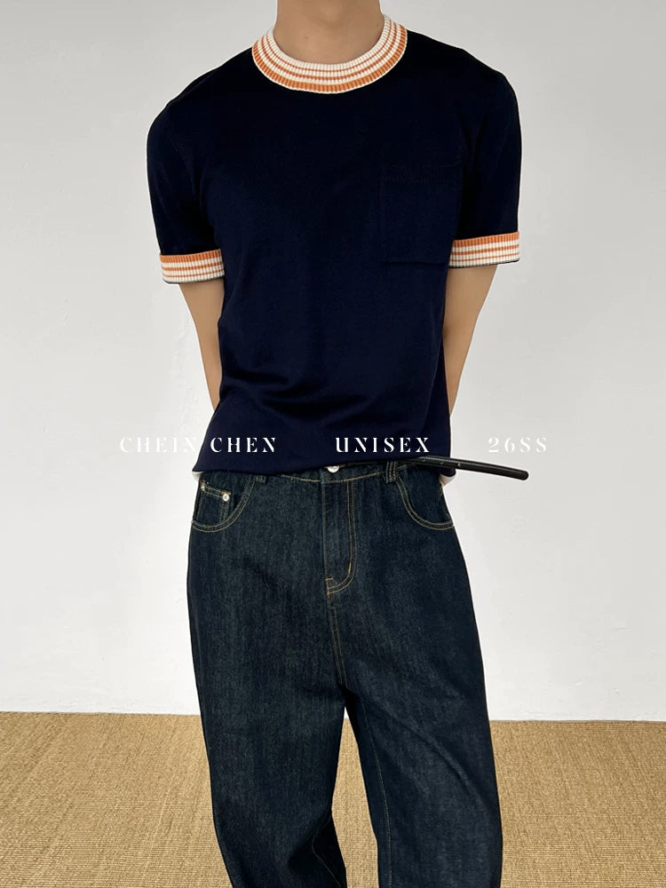 Chein Niche Contrasting Color Knitted Versatile Tee