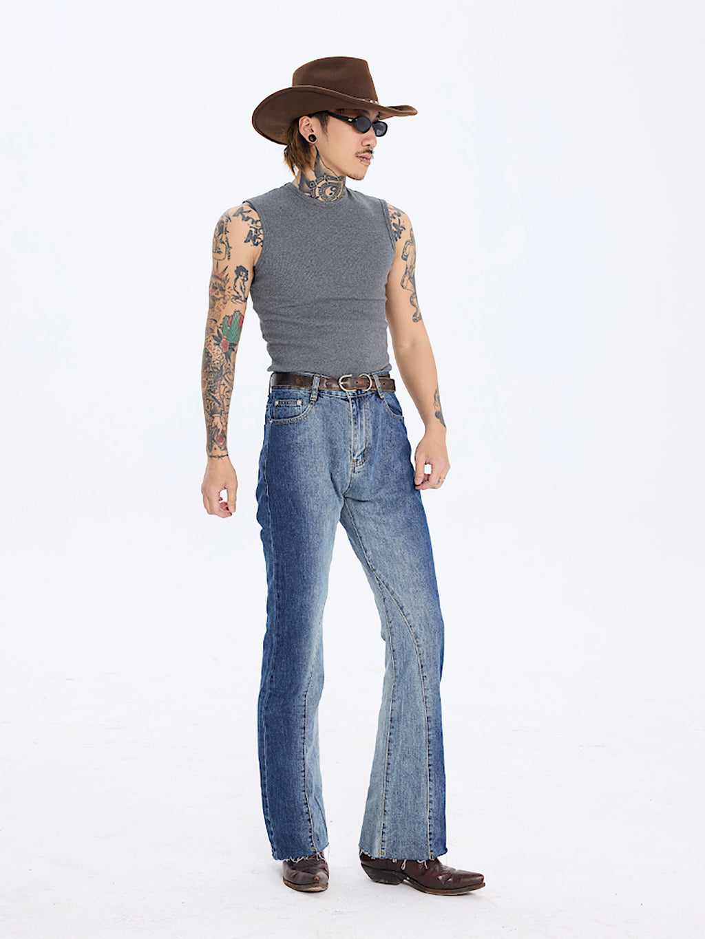 PUBLICRADIO Splicing Washed Heavy Denim Micro-flared Pants