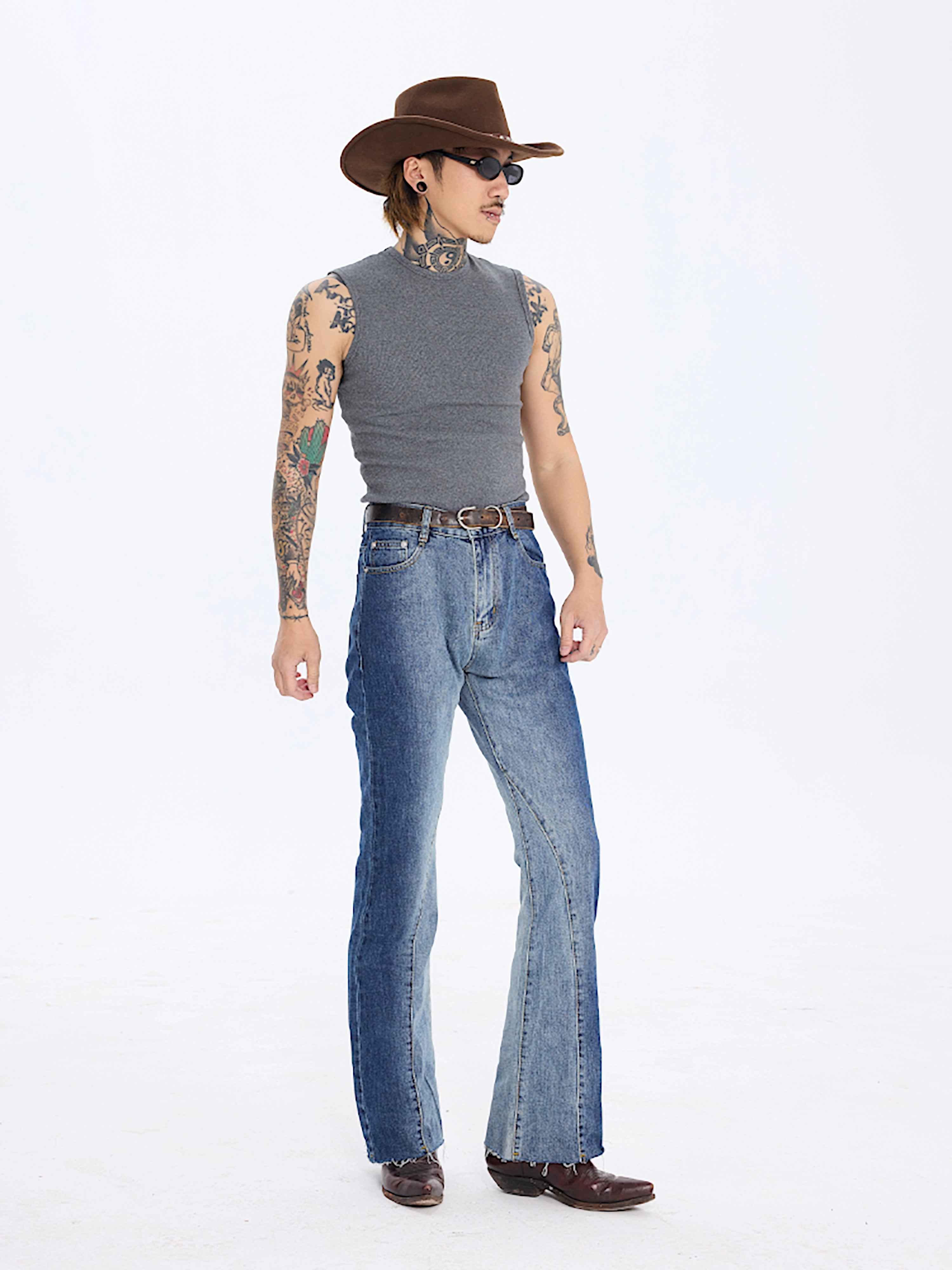 PUBLICRADIO Splicing Washed Heavy Denim Micro-flared Pants