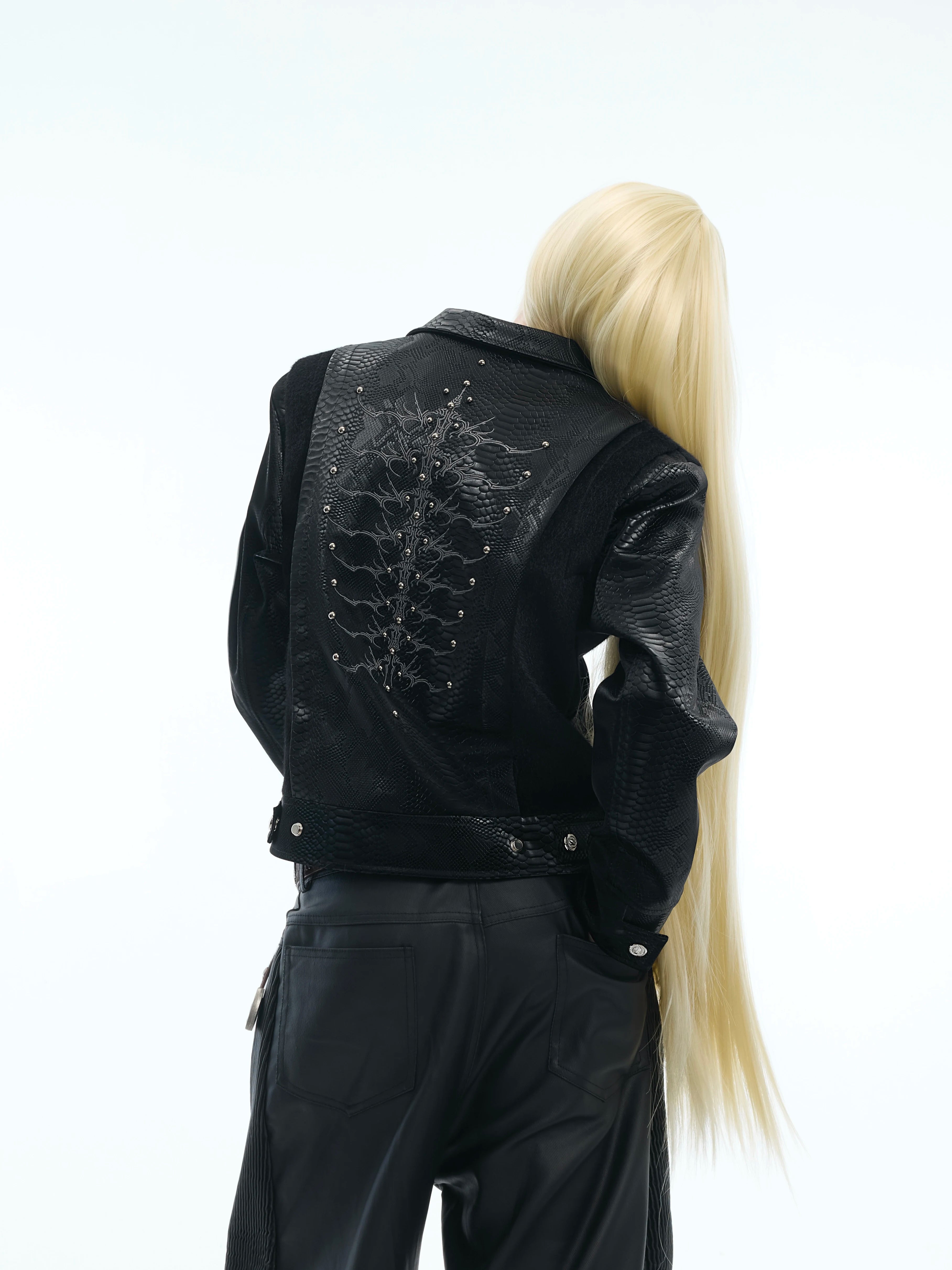 ArguECulturE Snakeskin Stitching Embroidered Slim-fit Leather Jacket
