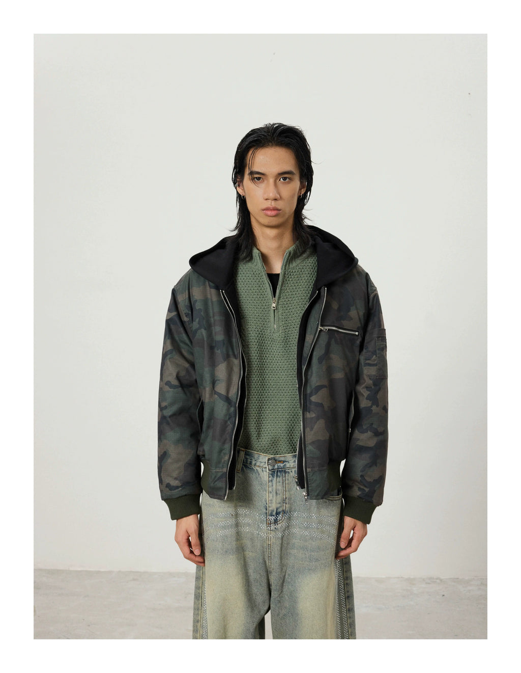 BTSG Double Zipper Fake Two-piece Stitching Camouflage Hooded Cotton Coat