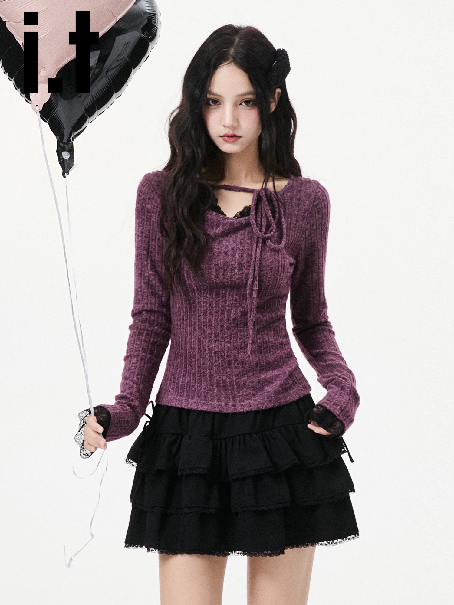 IT: CHOCOOLATE Lace Stitched Horn-sleeved Wool Knitted Sweater