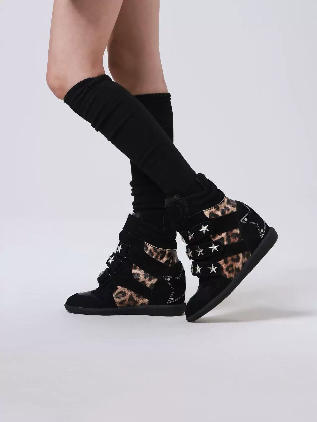 DETW Leopard Print Leather Rivets High-top Thick-soled Heel Shoes