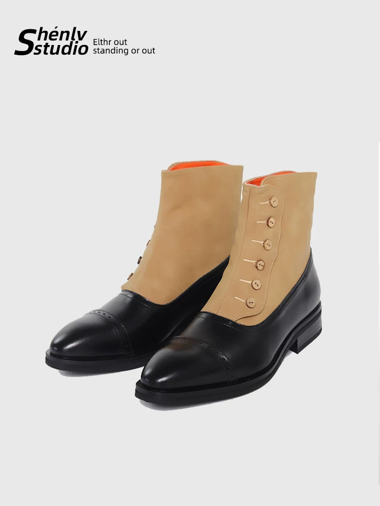 SHENLV STUDIO Pointed-toed Color-matching Short Leather Boots