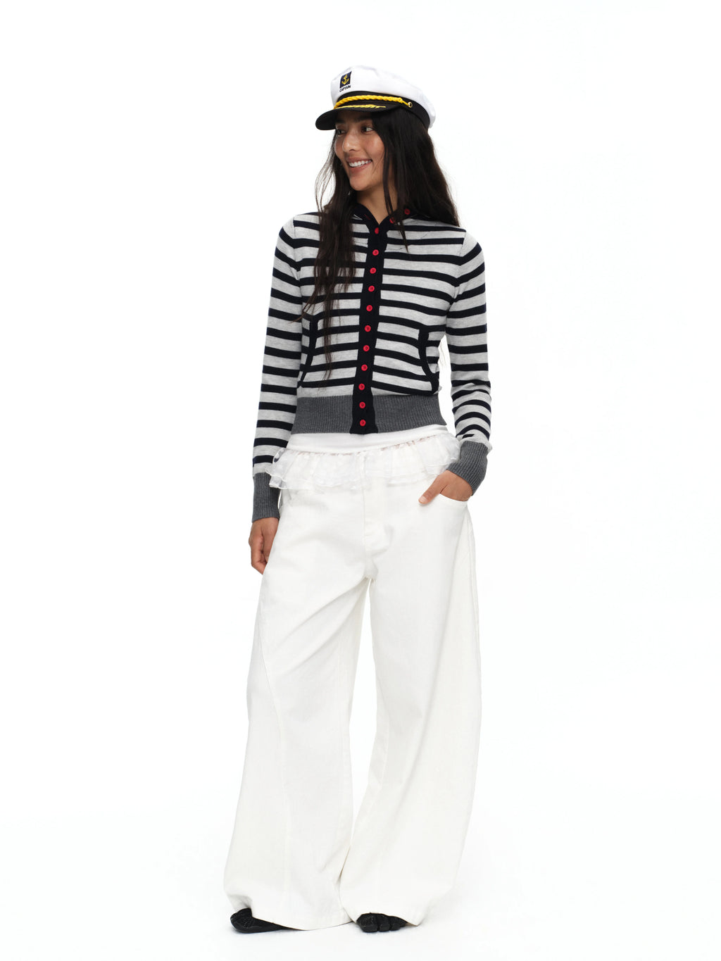 Oinimi Striped Color-blocked Hooded Knit Cardigan