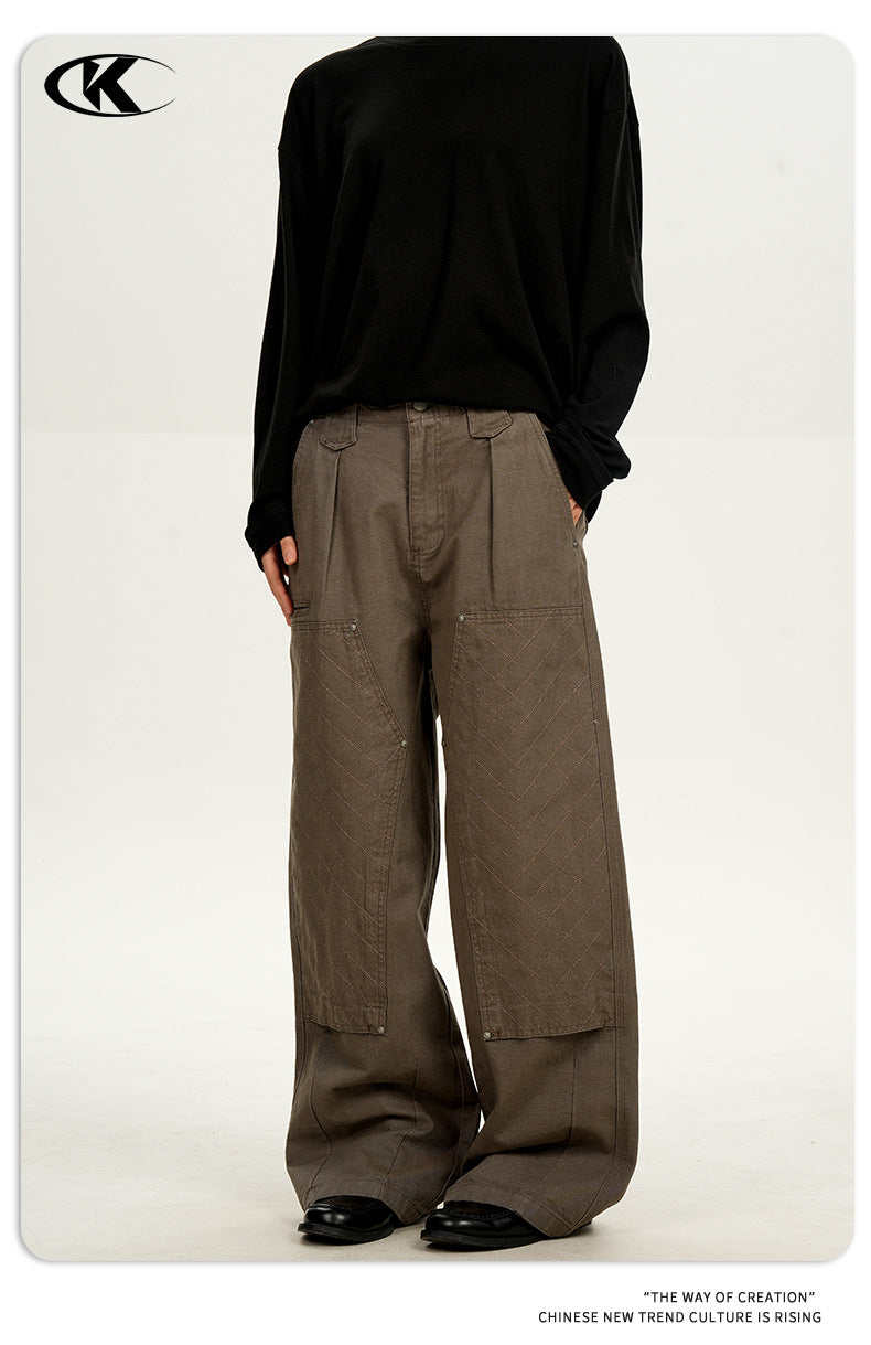 11KN Retro Straight Rivet Spliced Pleated Casual Pants