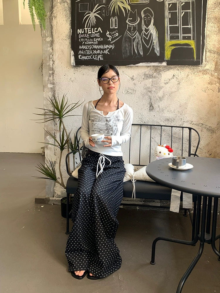 EAHO Retro Polka Dot Full Print Drawstring Straight Mopping Trousers