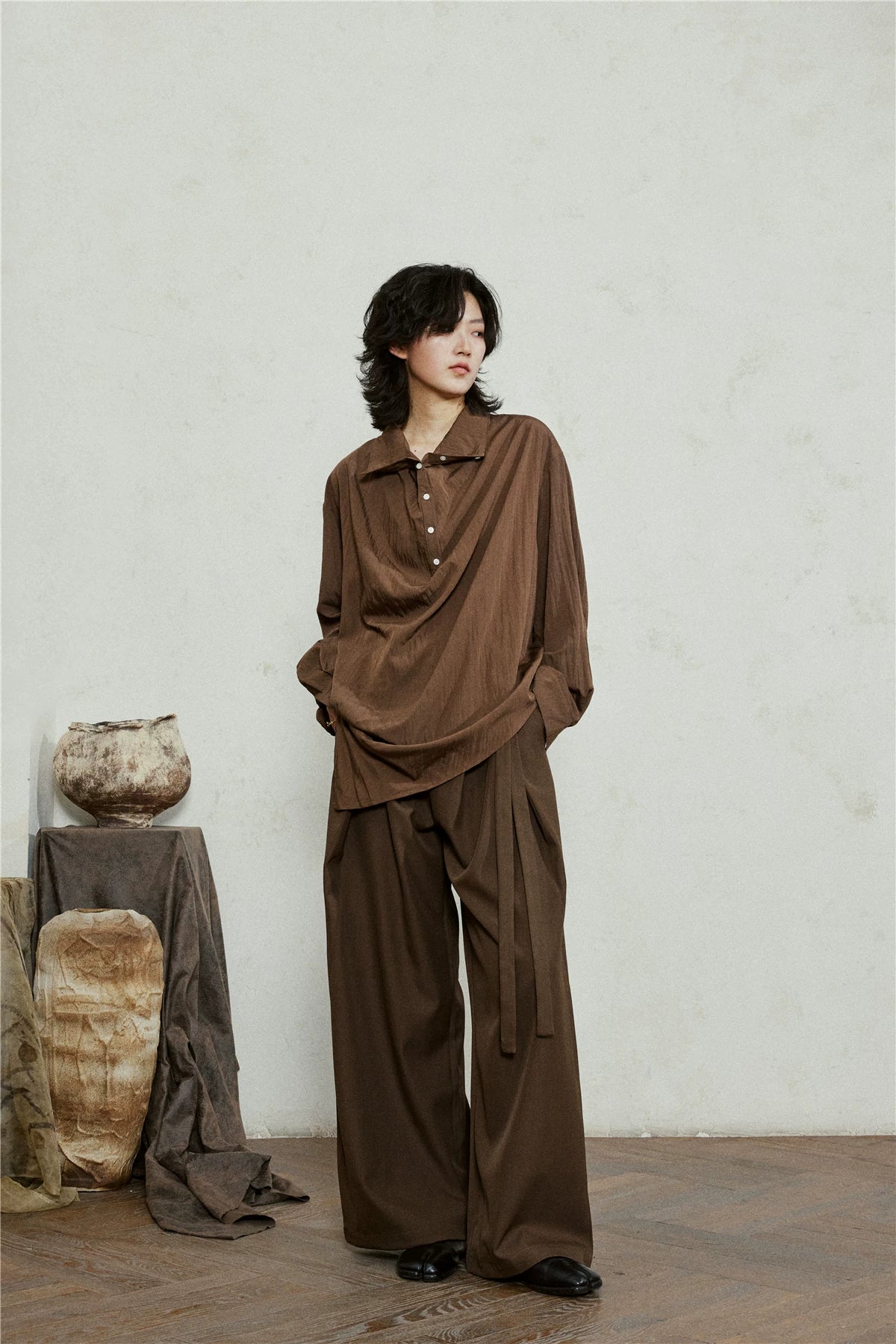 SUNYVONNE Minimalist Double Belt Wide-leg Suit Pants