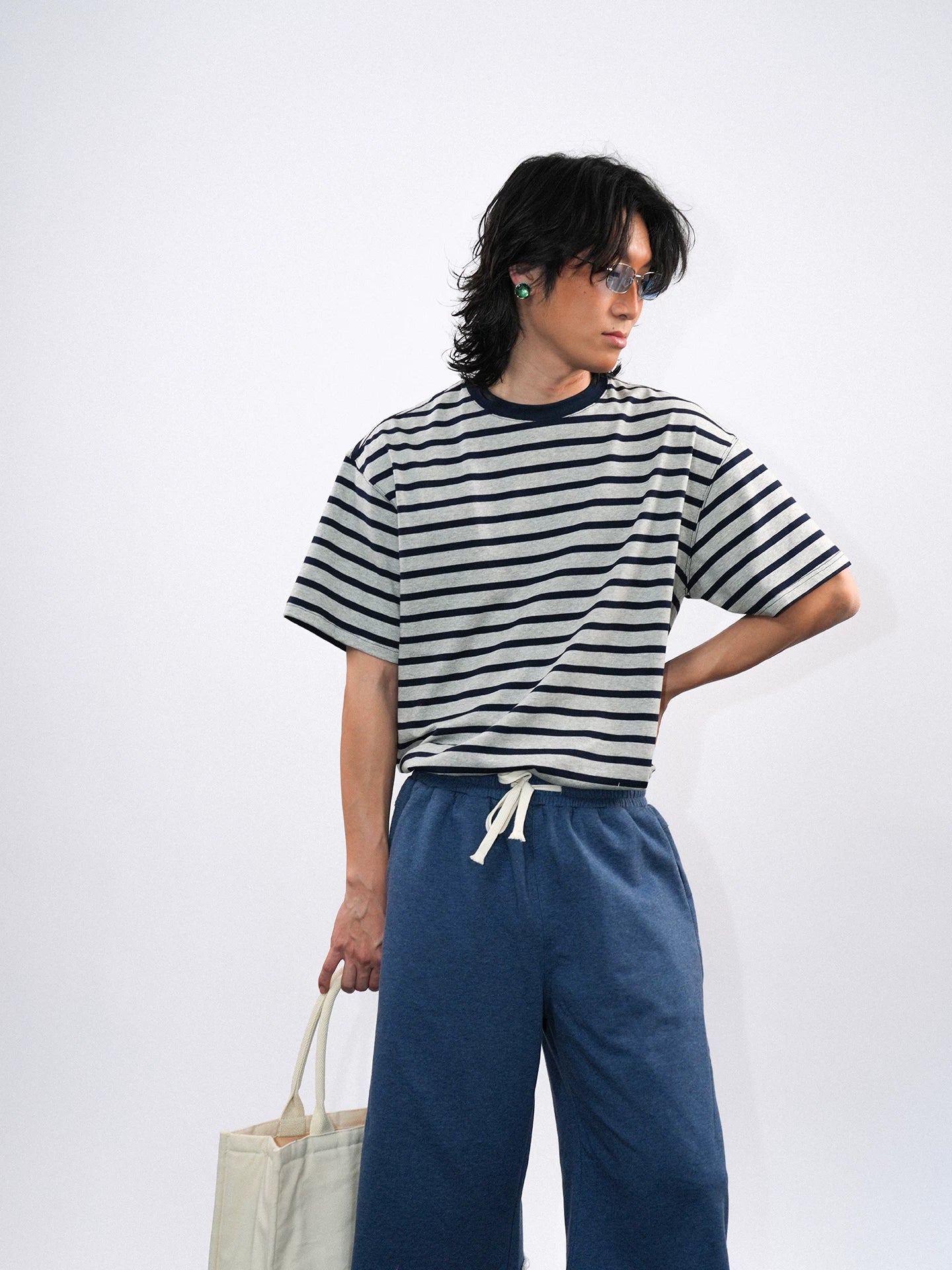 O3PARK Loose Versatile Crew Neck Striped Tee