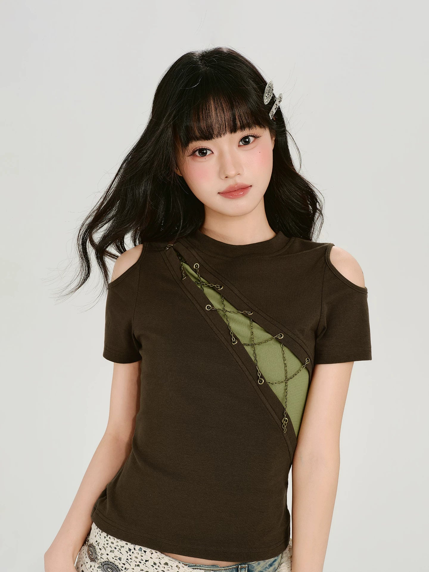 Girlyhalo Vintage Fake Two Piece Splicing Off-Shoulder Slim Tee