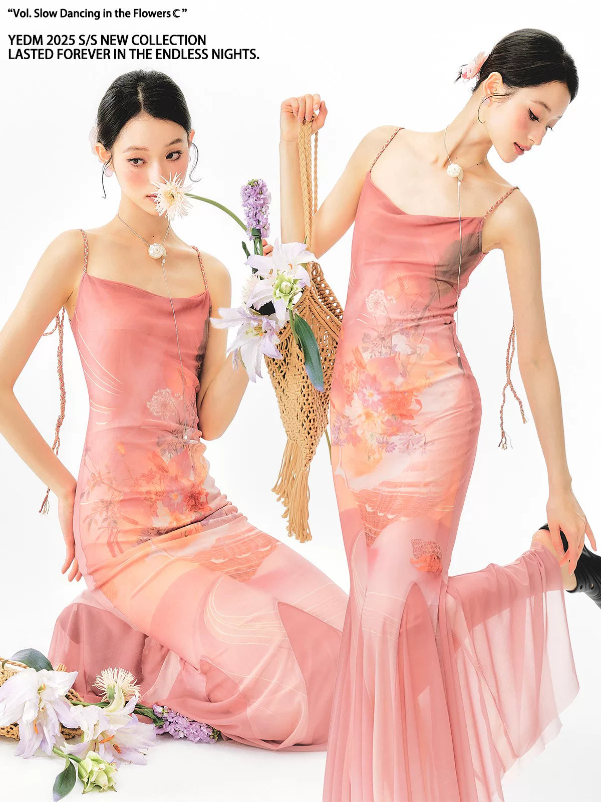 YEDM Gradient Hand-painted Printed Slip Mermaid Skirt