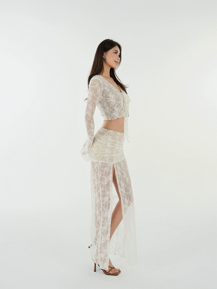 Jim Kennet Lace Jacquard Strap Cardigan High Slit Skirt Set