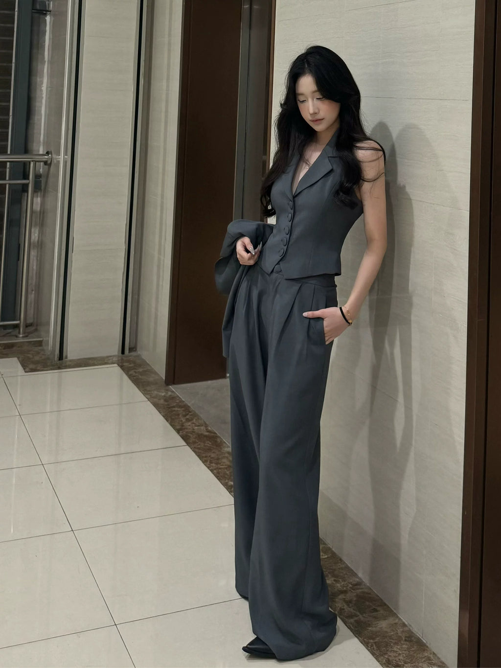 PANPANSTUDIO Workplace Commuter Wide Leg Pants Neck Suit Set
