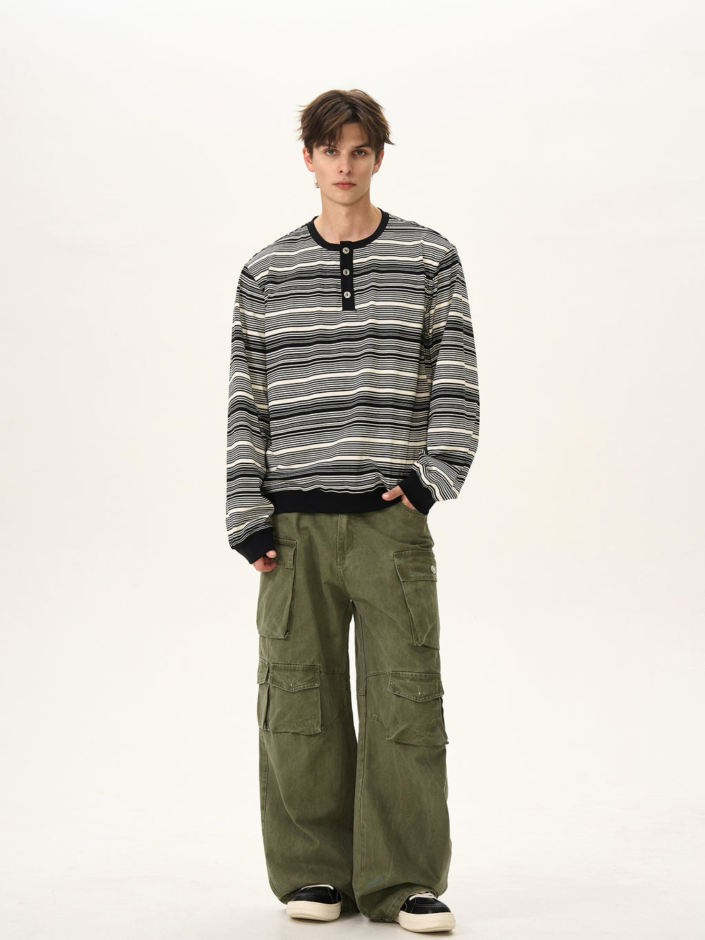 BTSG Premium Henry Neck Striped Long Sleeve Tee