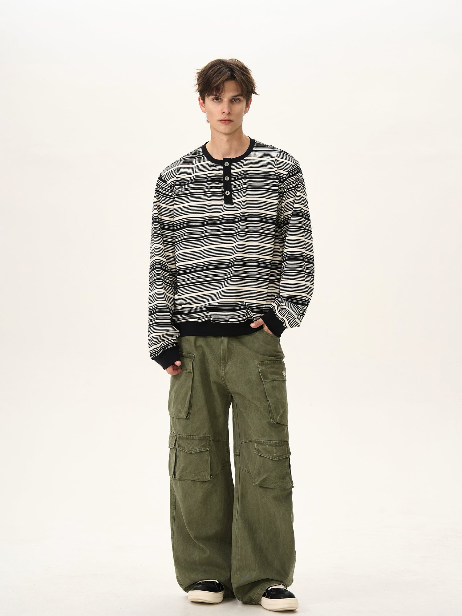 BTSG Premium Henry Neck Striped Long Sleeve Tee
