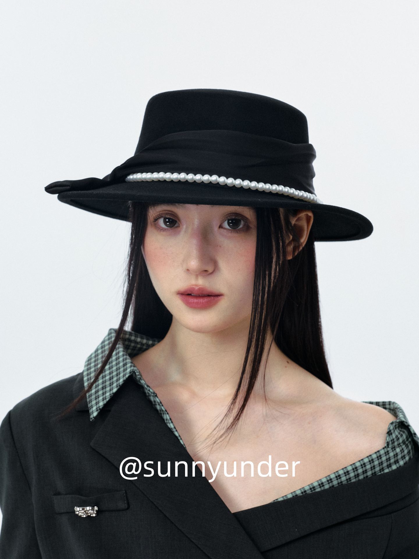 Sunnyunder Elegant Bead Strap Bow Wool Flat Top Hat