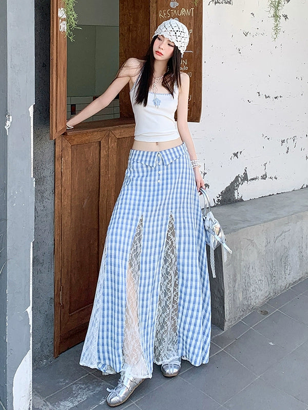 KPSR Plaid Lace Stitching A-word Vertical Skirt