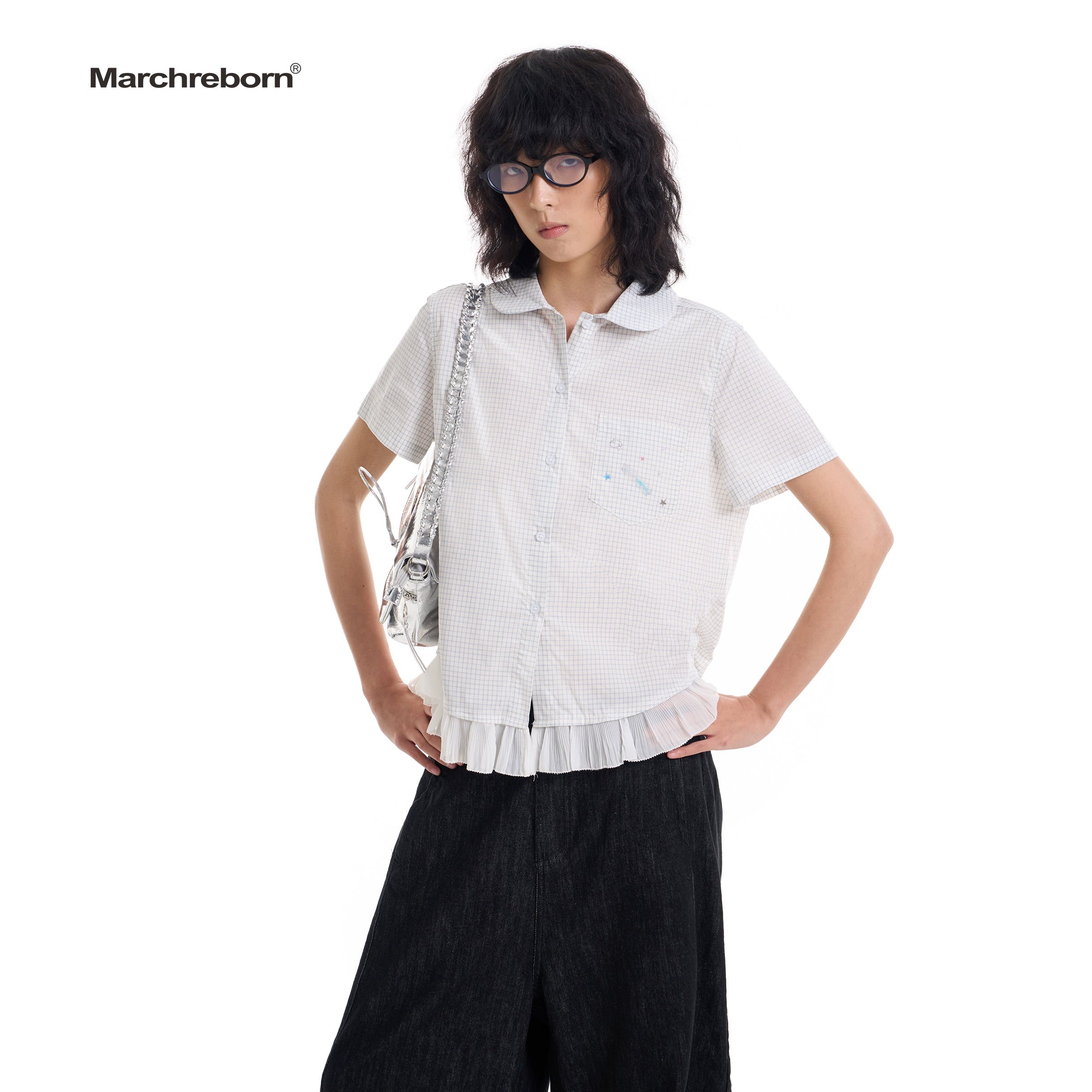 March College Vintage Checked Irregular Lace Short Sleeve Shirt