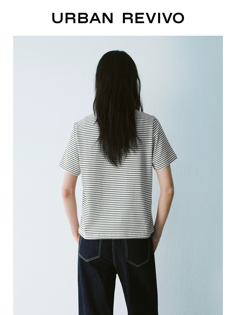 URBAN REVIVO Contrast Striped Crew Neck Short Sleeve T-Shirt