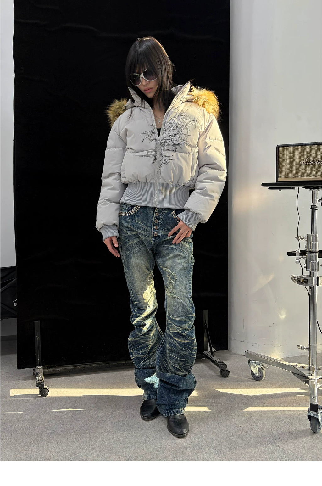 Lightinus Print Stand-up Collar Slim-fitting Cotton Jacket