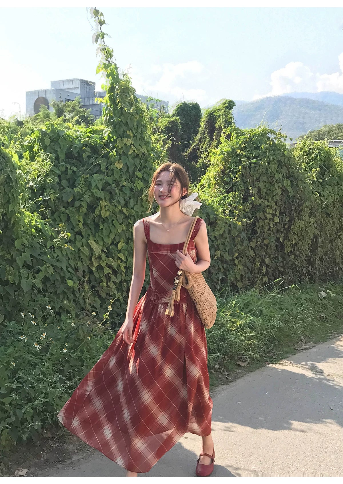 KANO Red Grid Suspender Belt Waist Dress