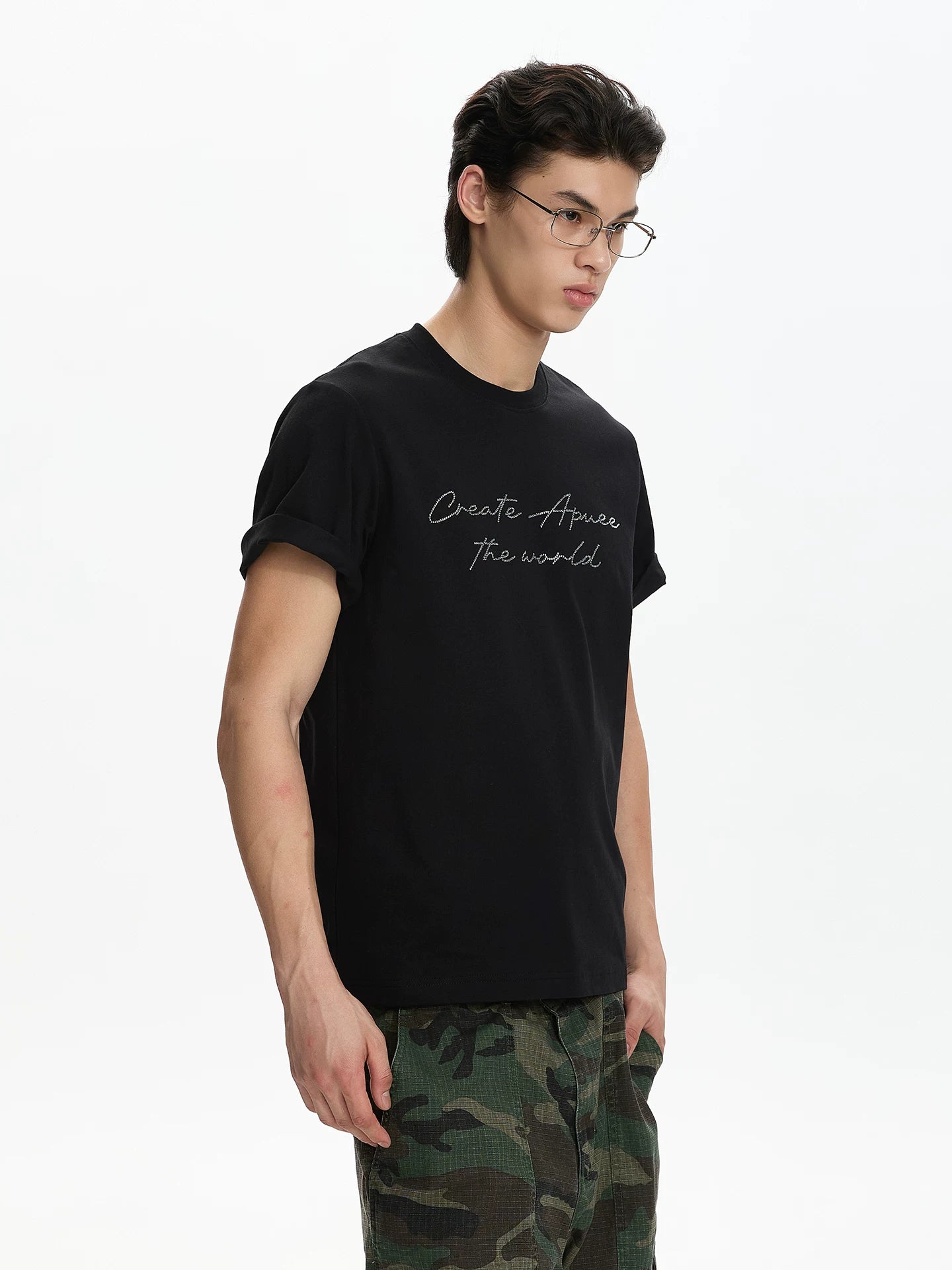A PUEE Vintage Premium Letter Hot Diamond Shoulder Tee