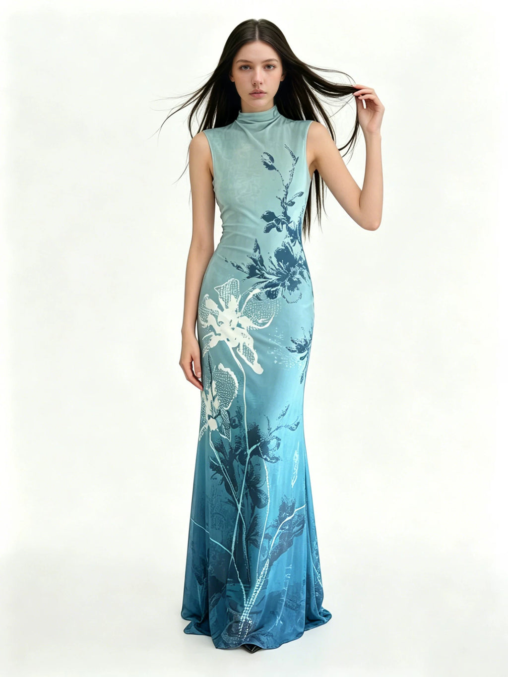 FUNOFF Retro Floral Gradual Change Waist Cheongsam Dress