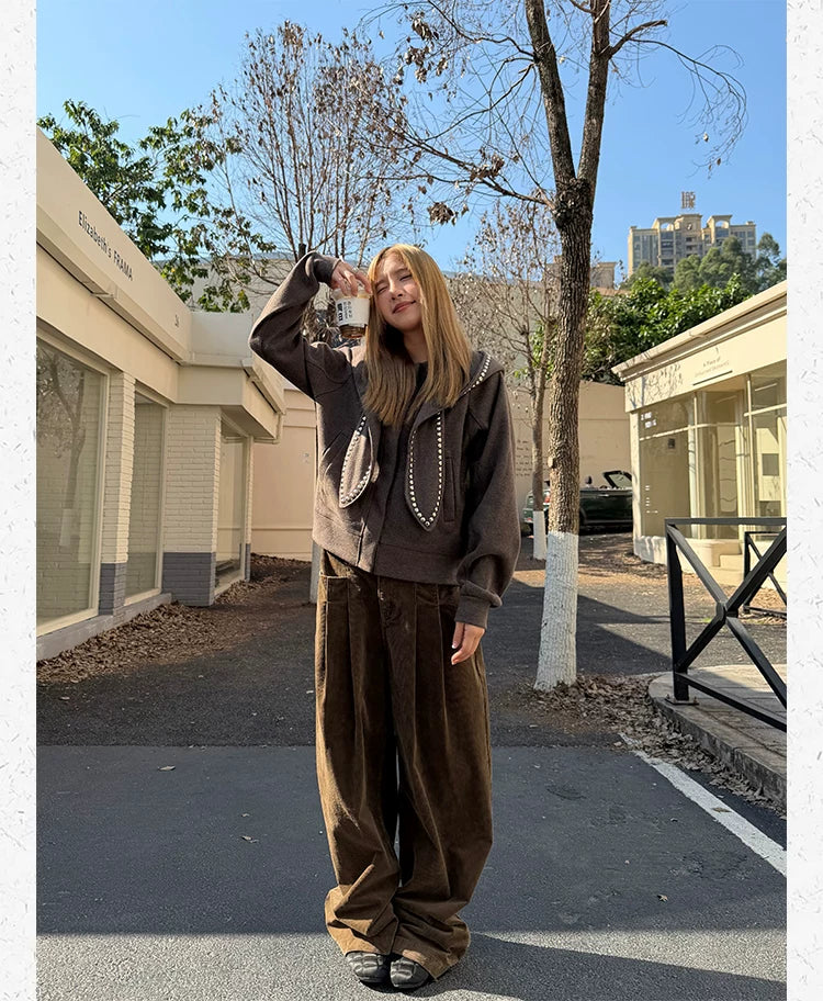 CCYE Corduroy Adjustable Waist Wide Leg Pinch-pleated Casual Pants