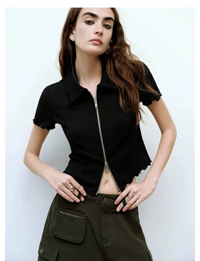 URBAN REVIVO Fungus-edged Double-zip Open Shirt