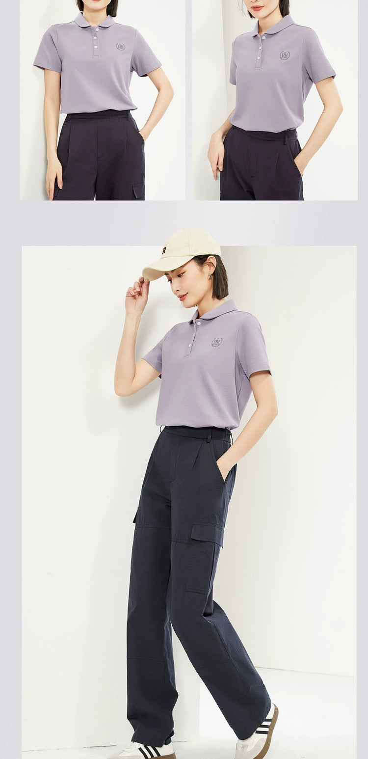 Giordano Small Embroidery Lycra Pearl Doll Collar Lapel Tee