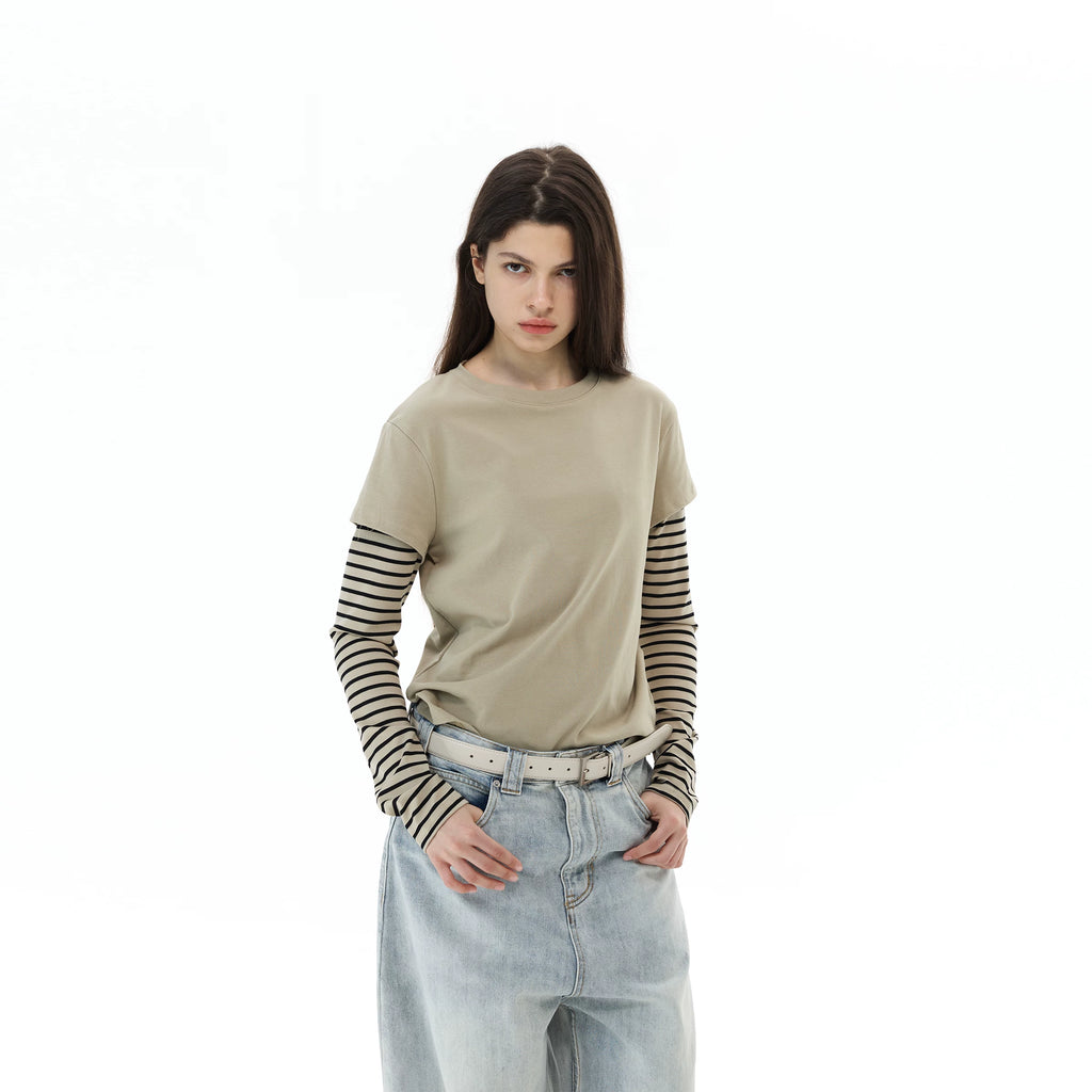 WLNEXT Vintage Fake Two-Piece Striped Front Shoulder Long Sleeve