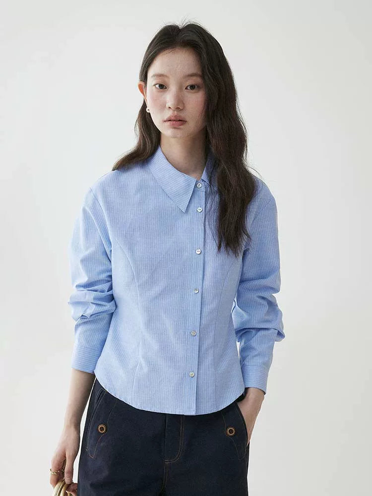 VOOE Irregular Lapel Striped Waist Shirt