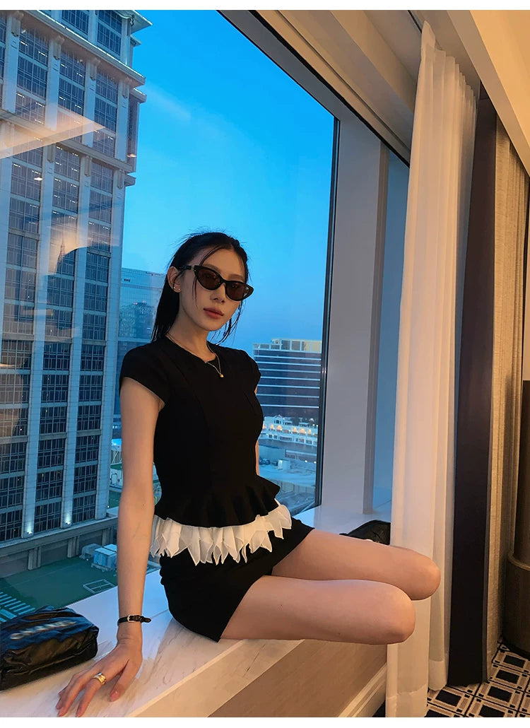 YOUNG KYLIN Lace Hem Tee Skirt Set