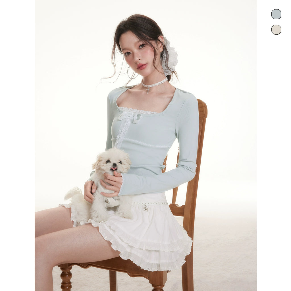 Imone Lace Splicing Bow Strap Square Neck Long Sleeve