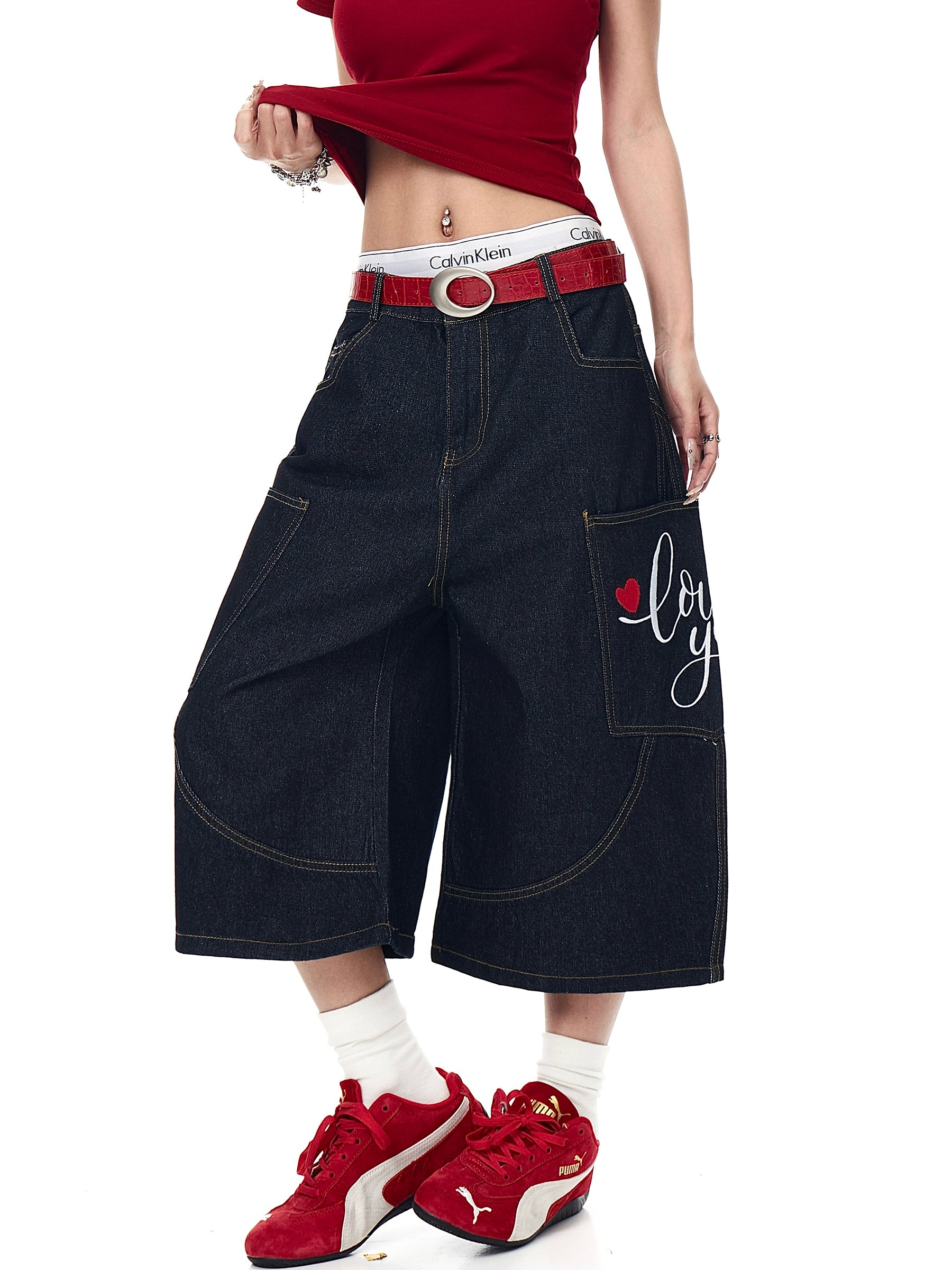 BLACKLISTS Vintage Love Embroidered Scimitar Denim Shorts