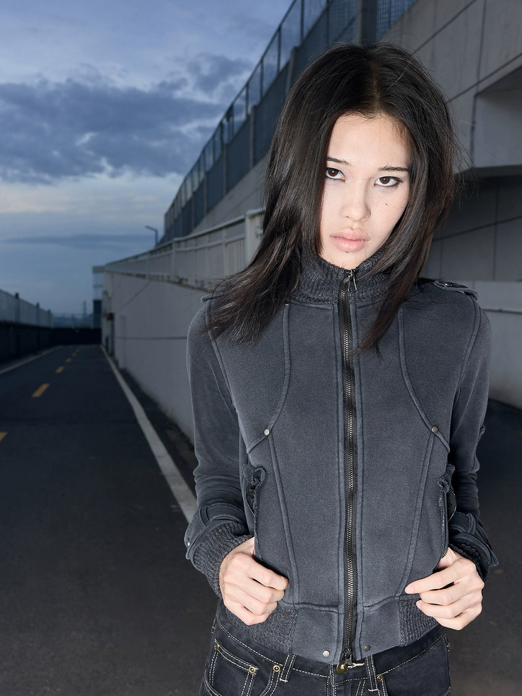 Lightinus  Rivet Make Old Stand Collar Slim Fit Jacket