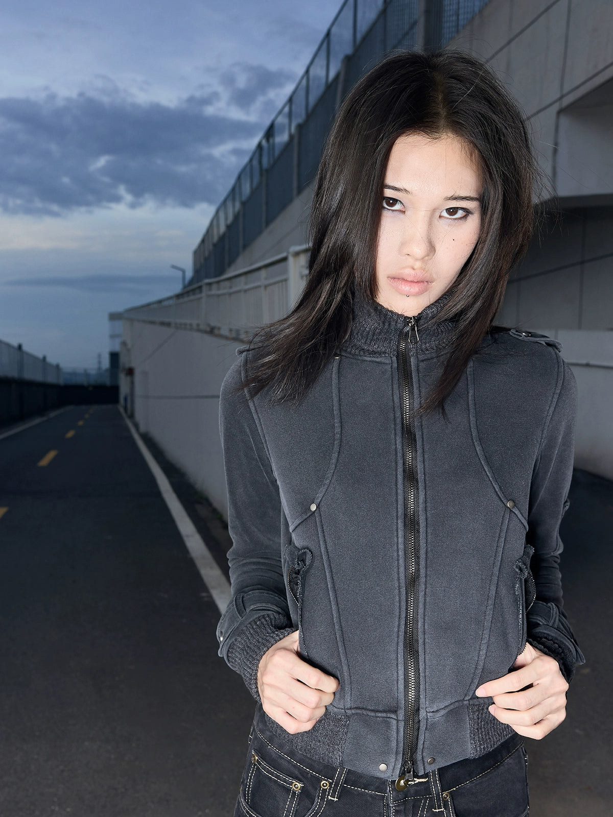 Lightinus  Rivet Make Old Stand Collar Slim Fit Jacket