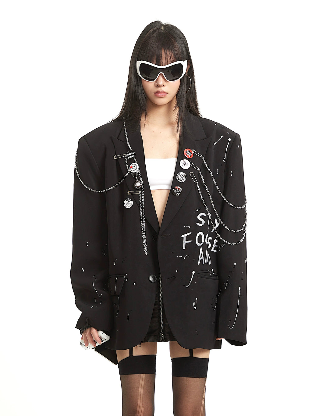 UNCMHISEX Chain Front Shoulder Loose Blazer