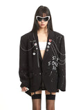 UNCMHISEX Chain Front Shoulder Loose Blazer