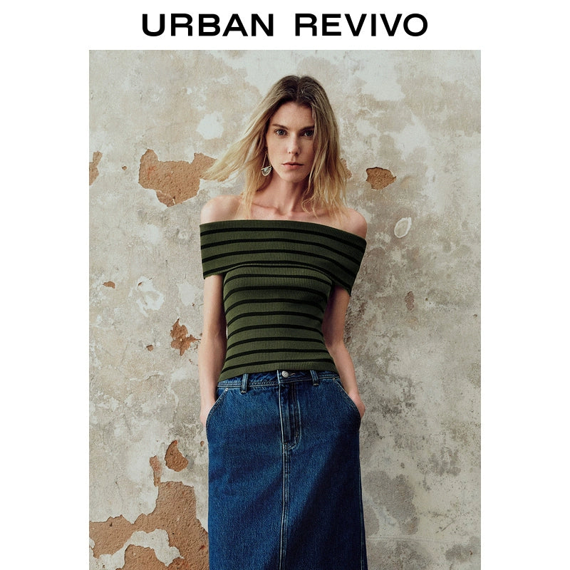URBAN REVIVO One-word Shoulder Contrasting Striped Pit-pattern Knitted Sweater
