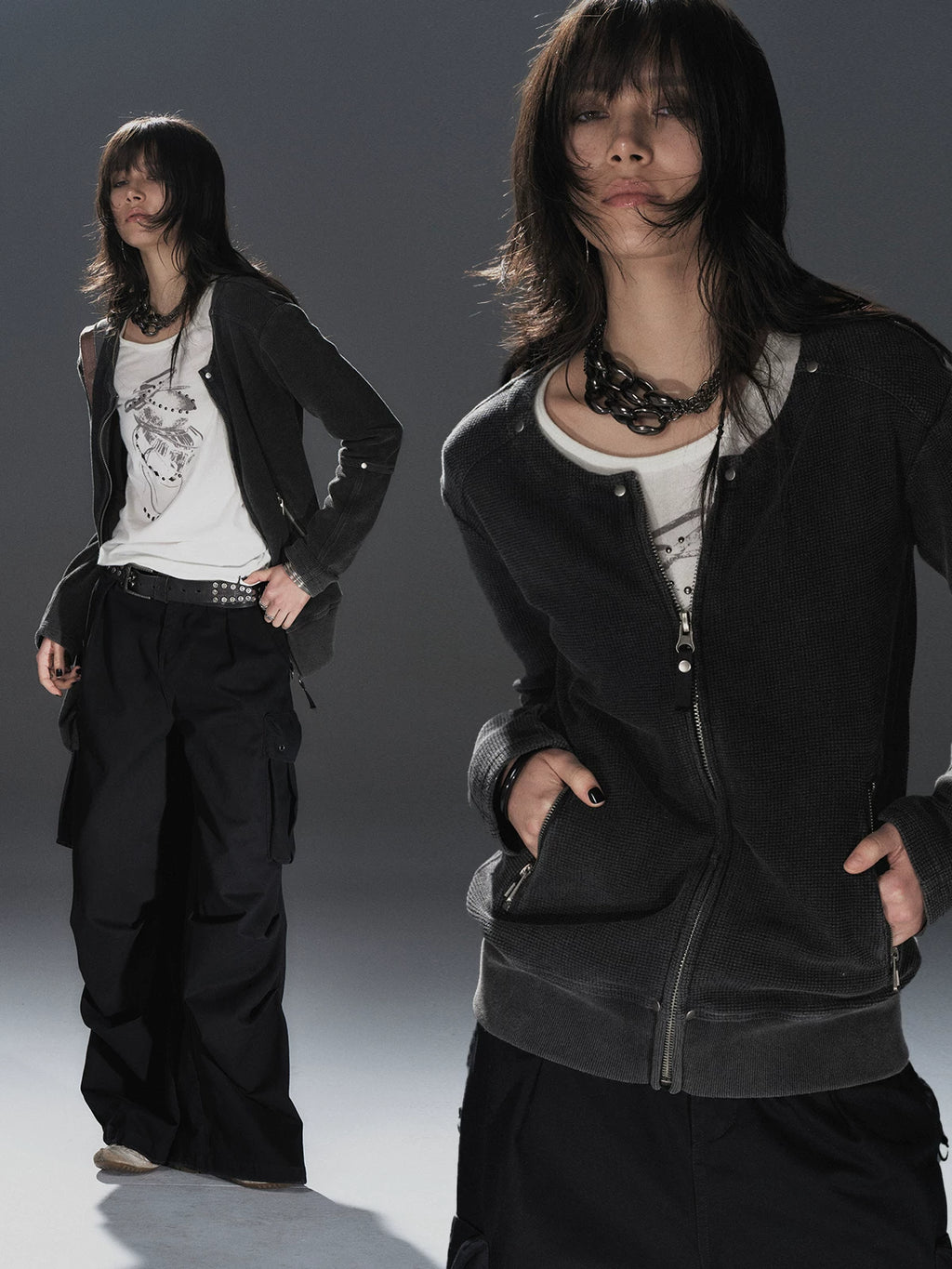 WearAndtear Loose Rivet Crew Neck Sweater Jacket