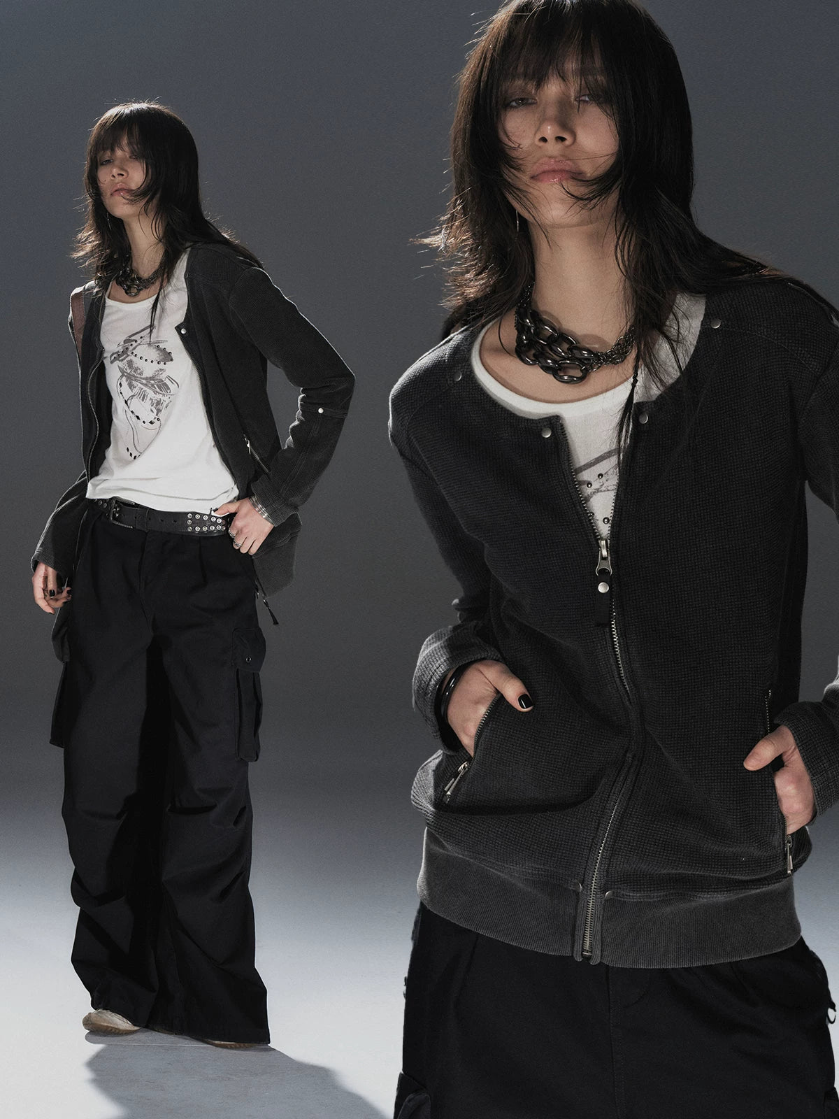 WearAndtear Loose Rivet Crew Neck Sweater Jacket